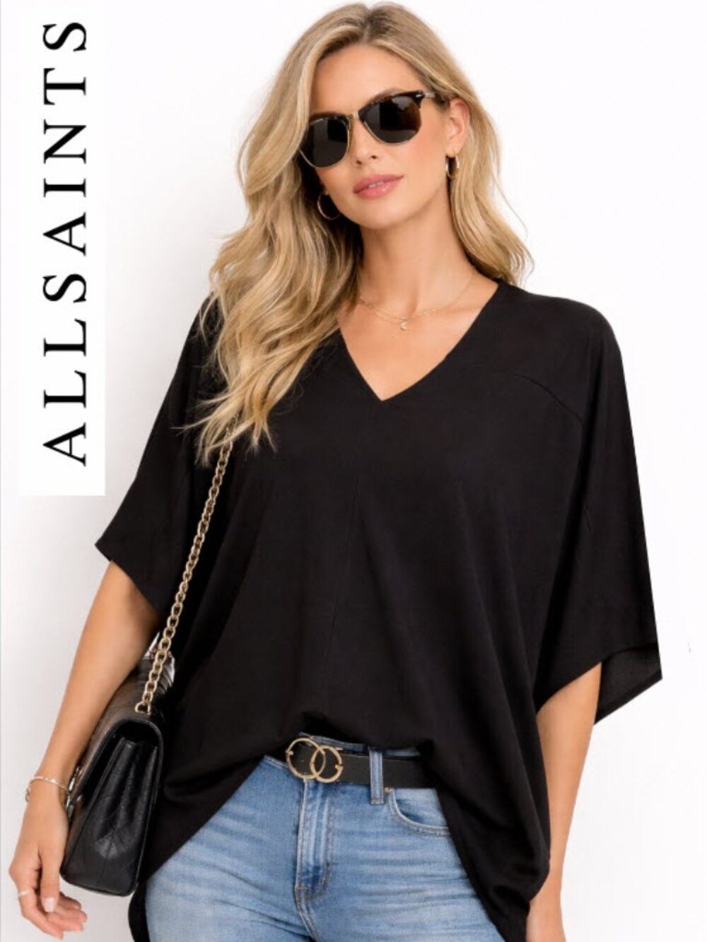 AllSaints Black V-Neck Dolman Blouse Relaxed Drapey Top Size 6 Chic Quiet Luxury